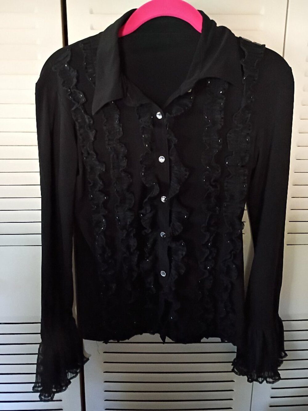 Vintage Y2K Black Rhinestone Beaded Ruffle Lace Blouse Top S M Whimsigoth Witchy